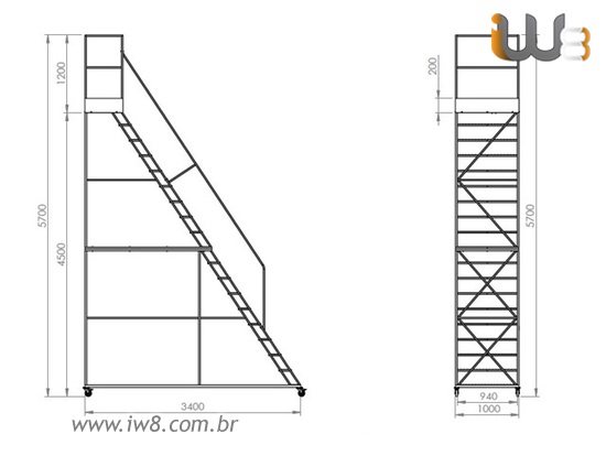 Escada Plataforma  4,5m com Rodas e 18 Degraus